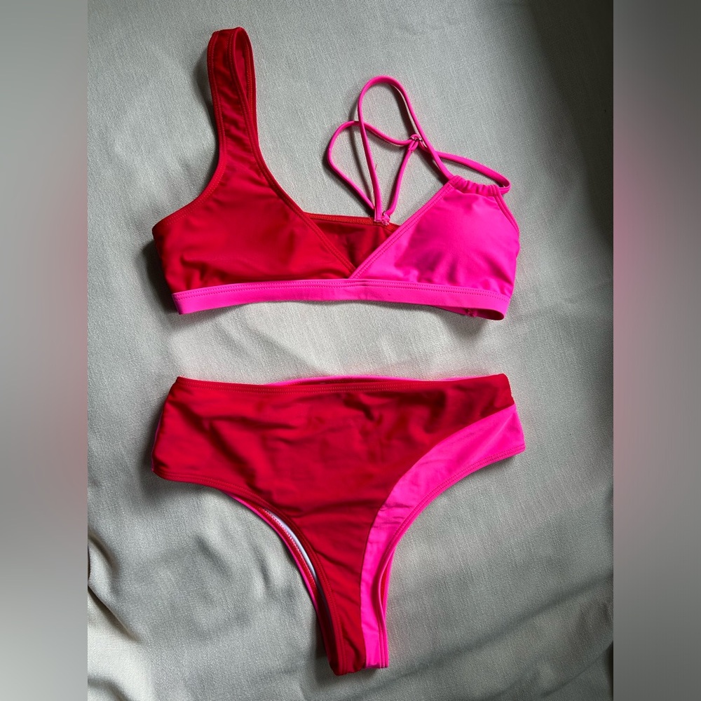 SHEIN color block high waisted two piece bathing suit
